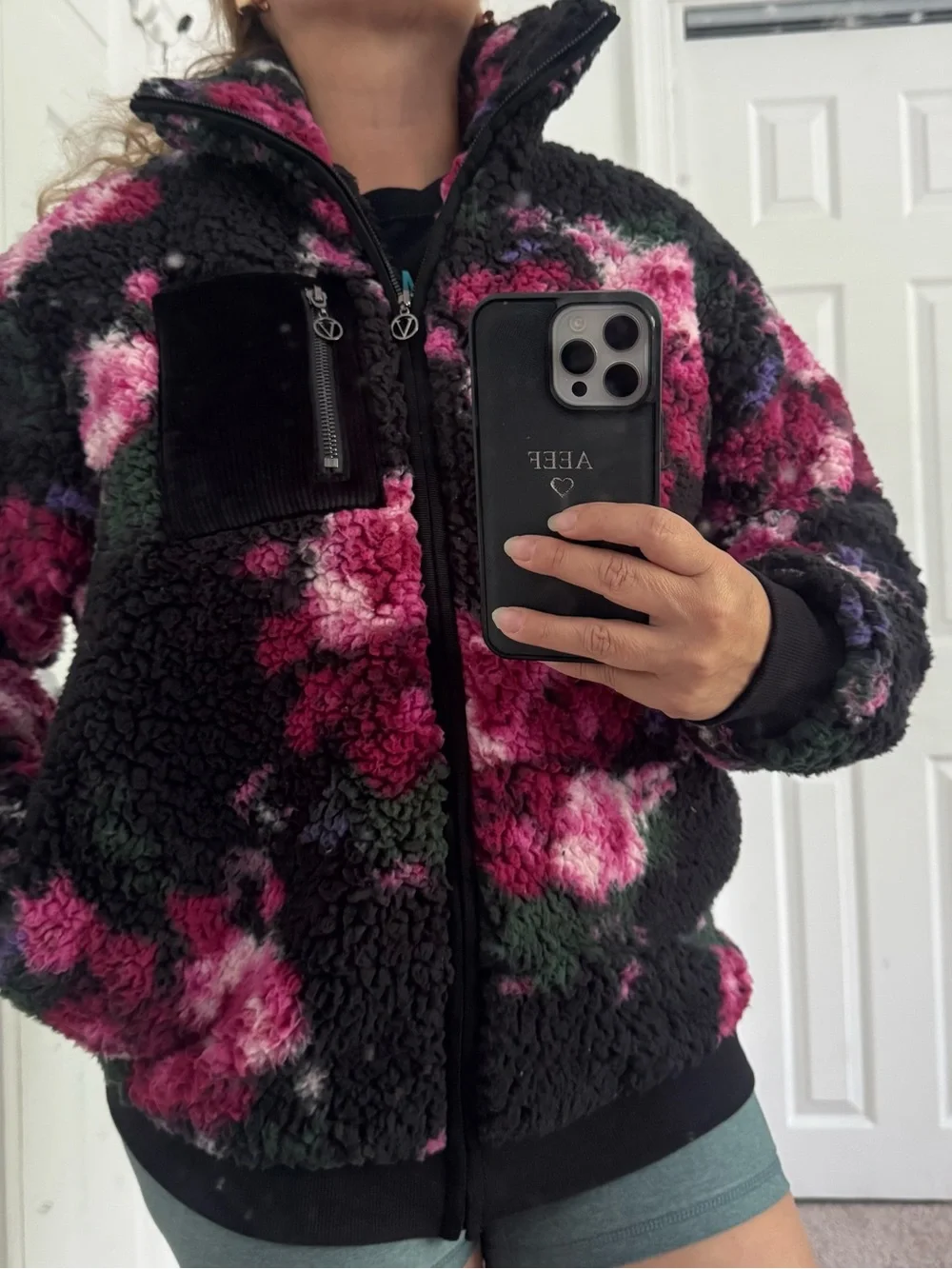 Victoria's Secret Black Sherpa Jacket with Pink Floral Print
